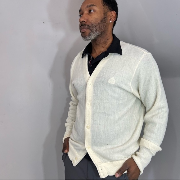 Vintage Izod Neutral Knit Cardigan Classic Stretchy White Sweater Large V Neck - Picture 3 of 14